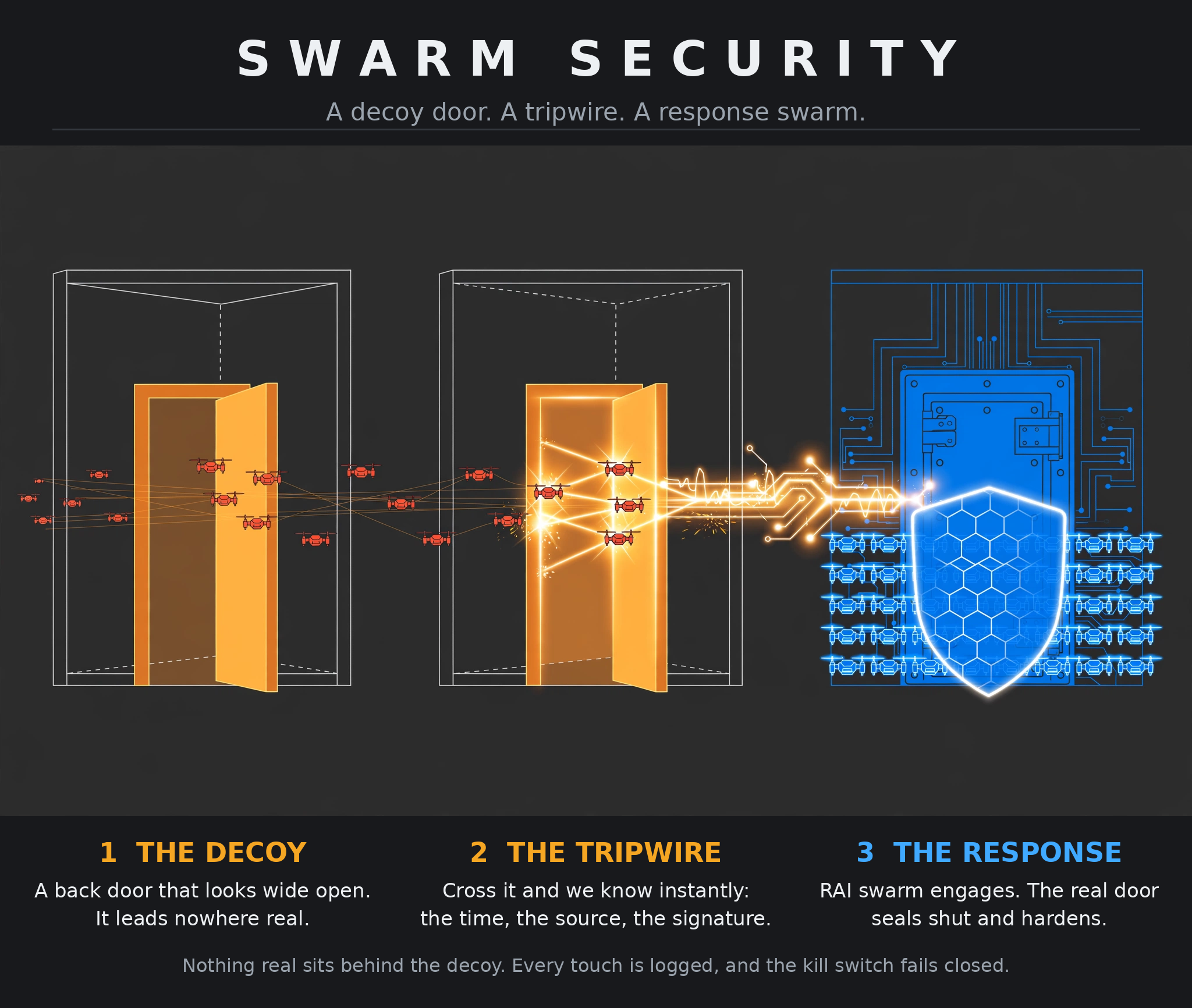 Swarm Security diagram: a decoy door, a tripwire, and the response swarm sealing the real door.