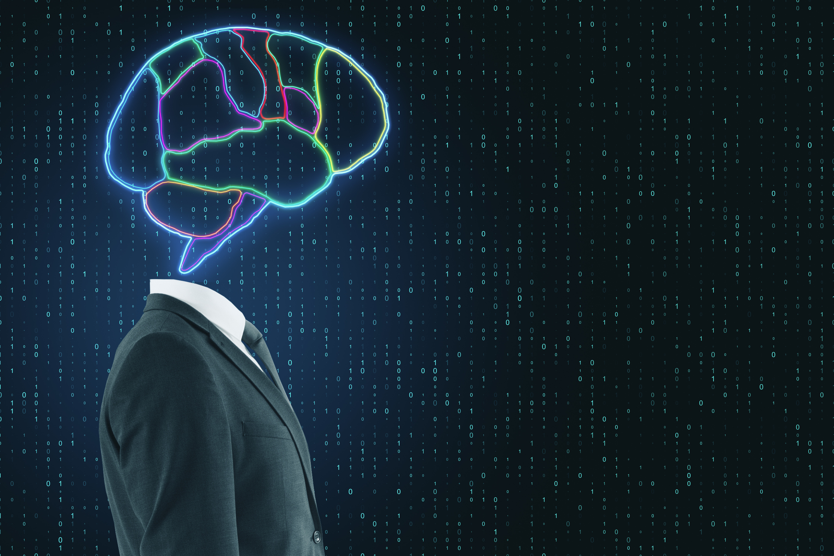 AI concept with headless businessman and digital colorful brain picture at binary code background.
